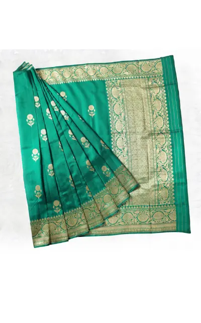 Pure katan Silk Rama Green Mashru Weave saree - Image 2