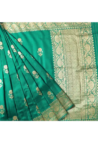 Pure katan Silk Rama Green Mashru Weave saree - Image 4