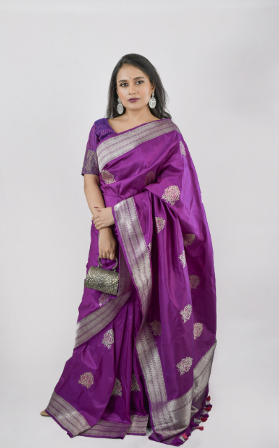 Pure Katan Silk Purple Saree with Silver Zari Kadhuan Boota