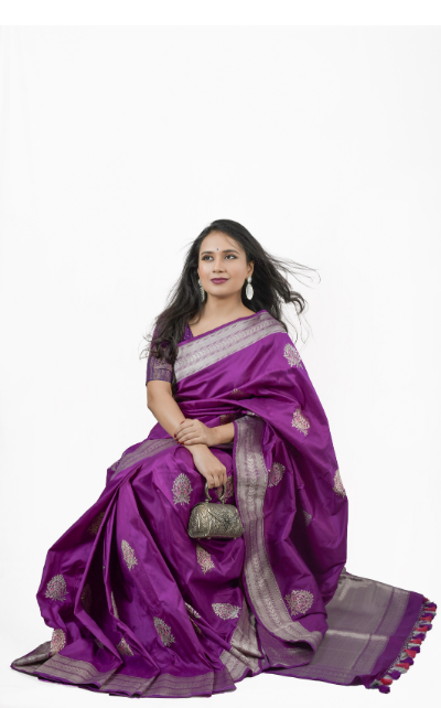 Pure Katan Silk Purple Saree with Silver Zari Kadhuan Boota - Image 3