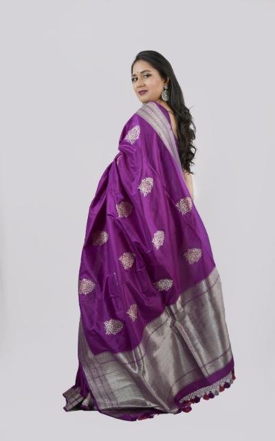 Pure Katan Silk Purple Saree with Silver Zari Kadhuan Boota - Image 2