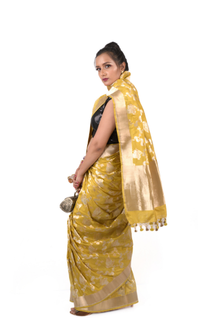 Yellow Pure Katan Silk handloom Banarasi Saree - Image 3