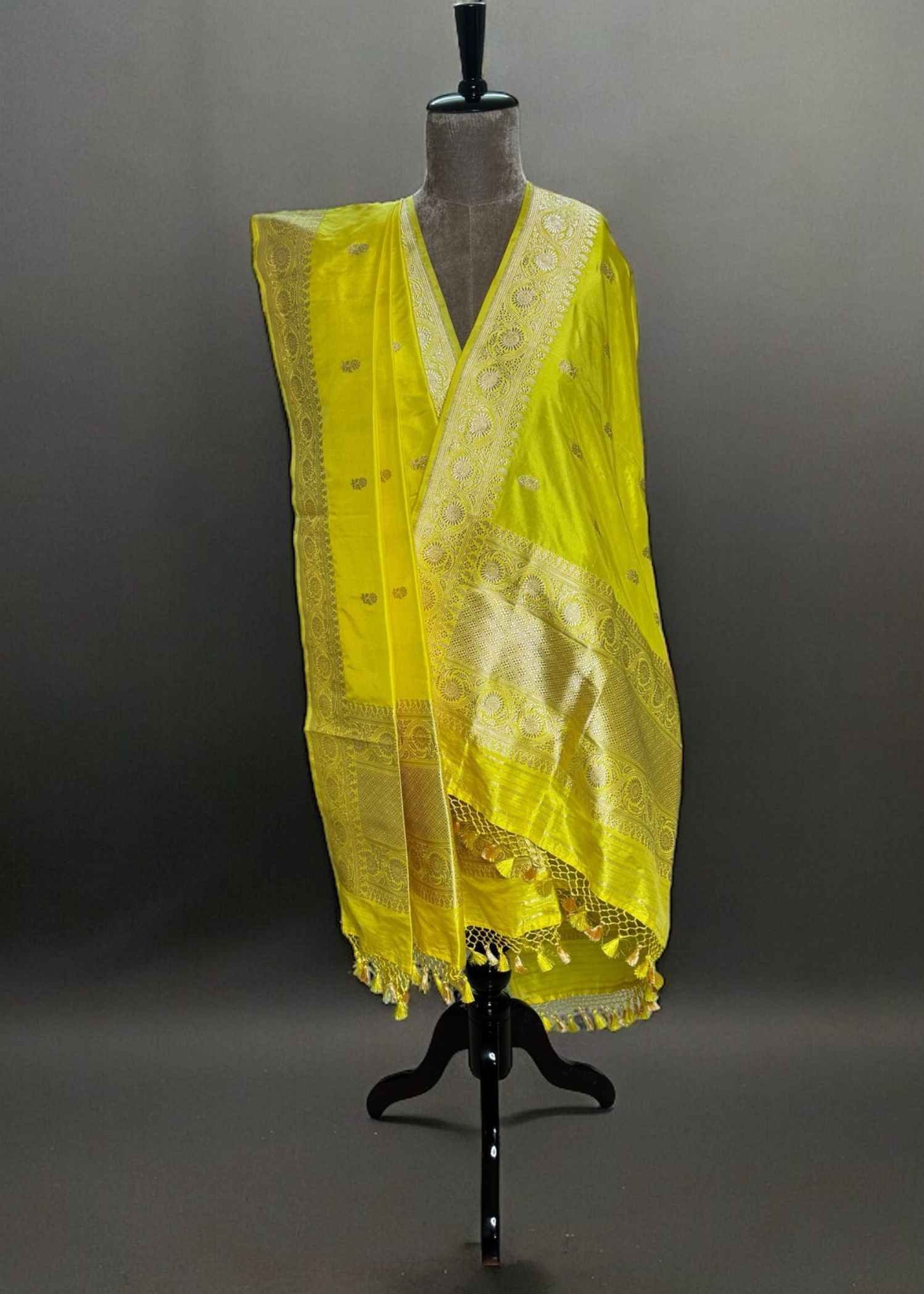 Yellow Katan Silk Kadhua Booti Dupatta - Image 3