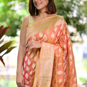 Orange Dual Tone with Gold Zari Boota Ethnic Pure Katan Silk Saree