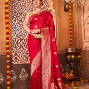 Pure Katan Silk Vibrant Red mashru weave Banarasi Saree