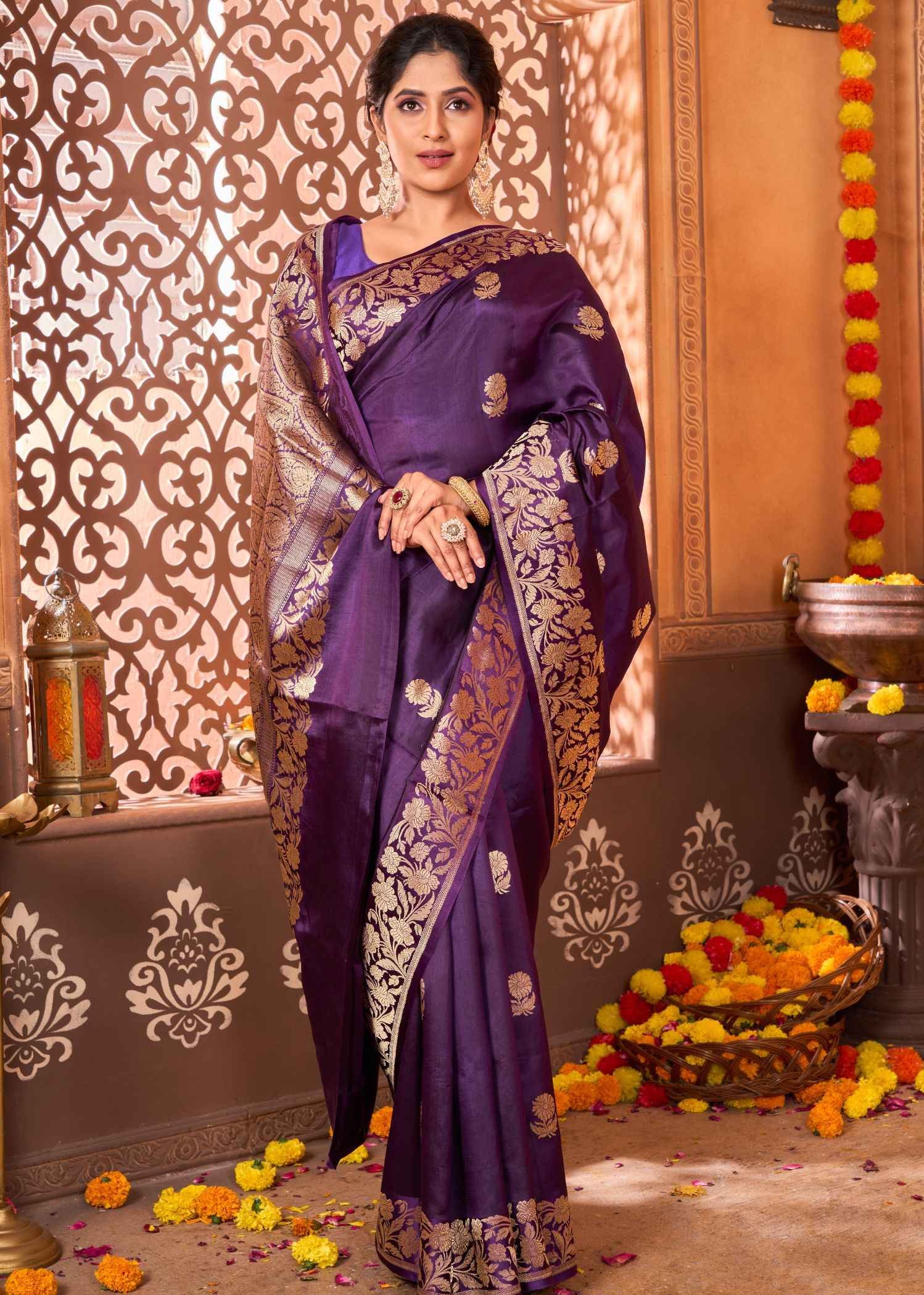 Mulberry Silk Mashru Weave Deep Purple Saree