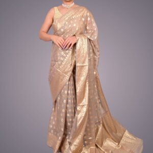 Beige & Gold Toned Pure Cotton Linen Saree