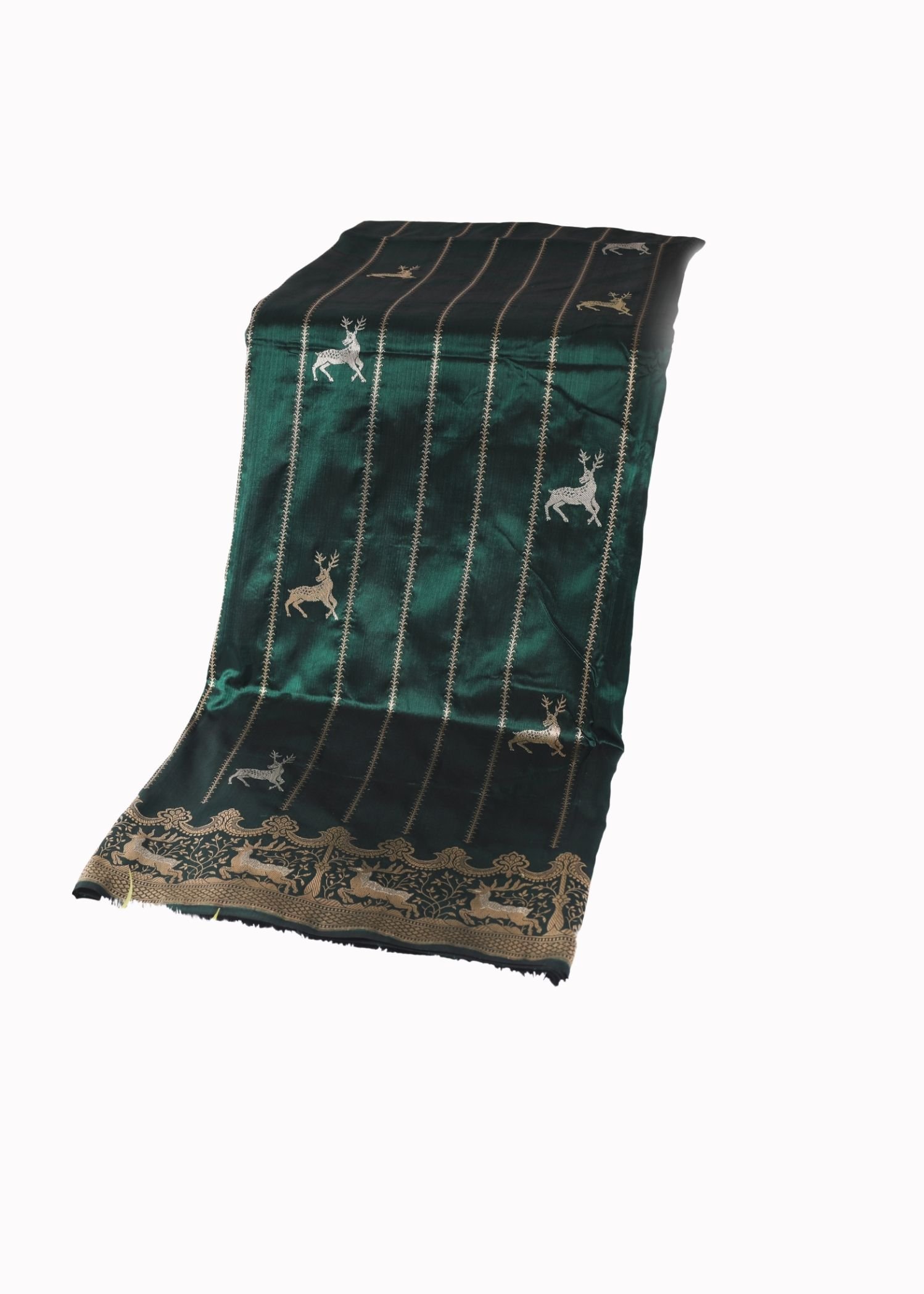 Pure Katan Silk Shikargah Bottle Green Colour dull gold zari saree