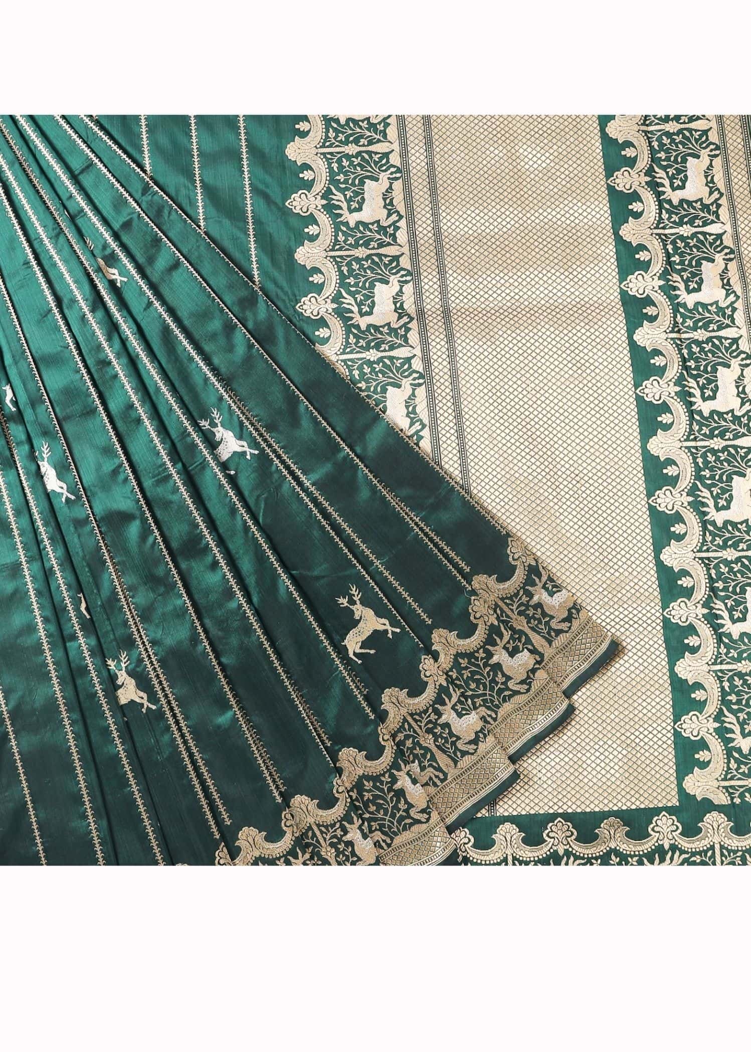 Pure Katan Silk Shikargah Bottle Green Colour dull gold zari saree - Image 3