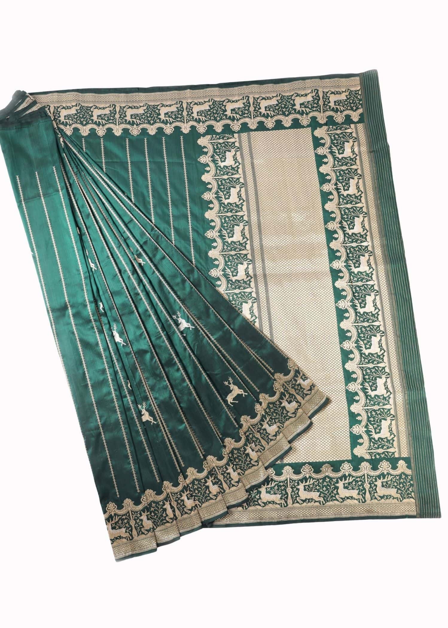 Pure Katan Silk Shikargah Bottle Green Colour dull gold zari saree - Image 2