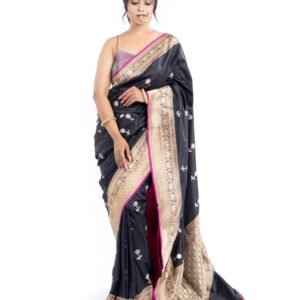 Pure Katan Silk Black and Hot Pink Banarasi Saree