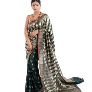 Pure Katan Silk Bottle Green Shikargah Banarasi Saree