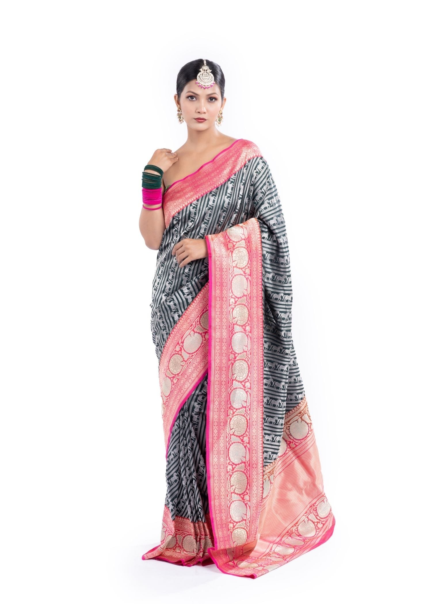 Pure Katan Silk Dark Green & Pink Colour Shikargah Banarasi Saree
