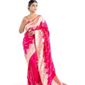 Pure Katan Silk Fuchia Pink Shikargah Banarasi Saree