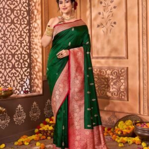 Pure Katan Silk Green and Red Kadhua Booti Saree
