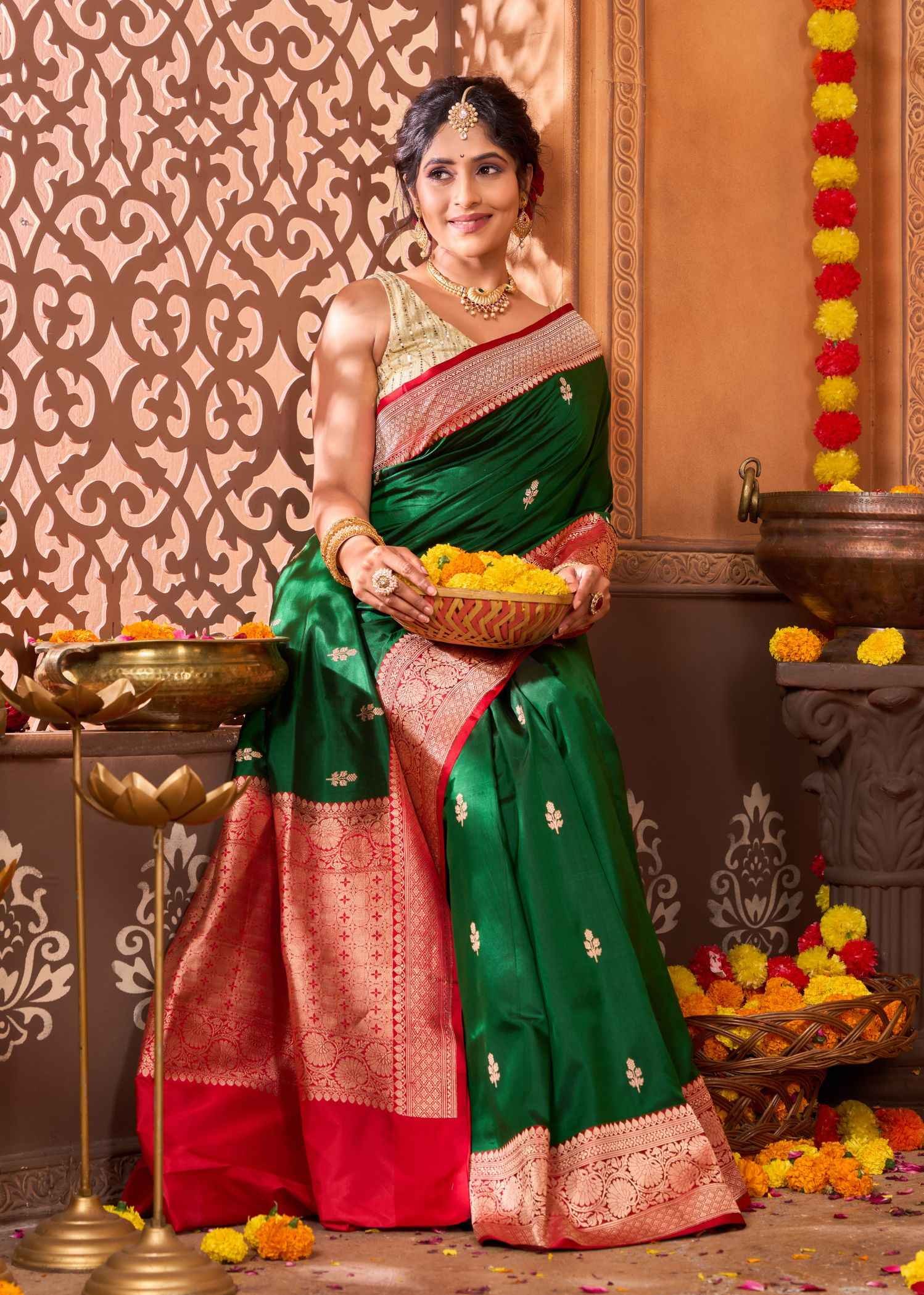 Pure Katan Silk Green and Red Kadhua Booti Saree - Image 3