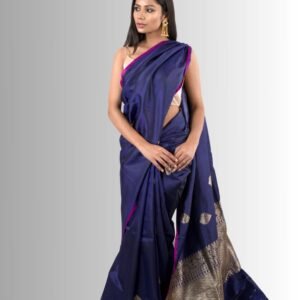 Lavender Blue Katan Silk Saree with Contrast Hot Pink Edge and Antique Gold Zari Kadhuan Boota