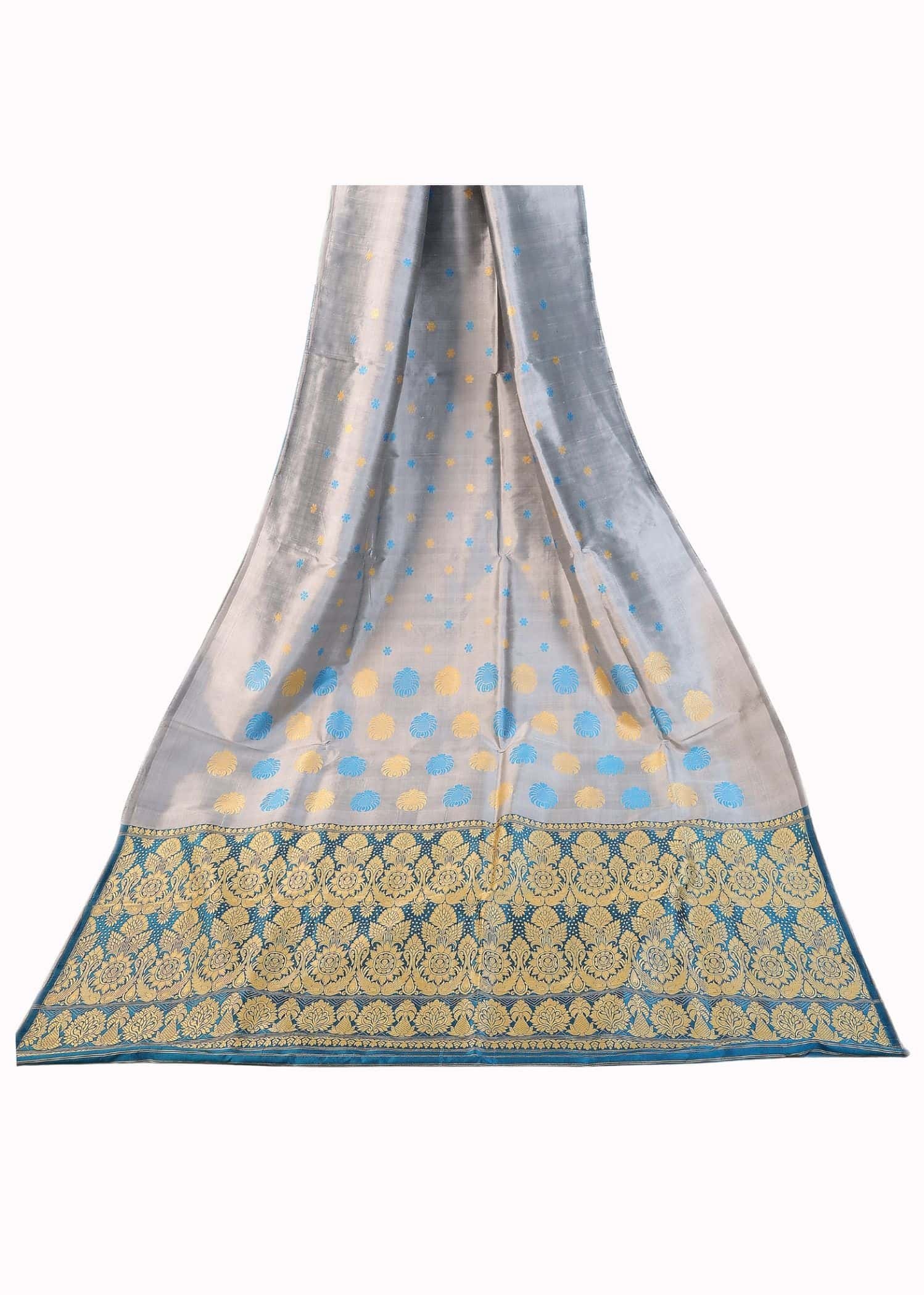 Pure Katan Silk silver Grey dual tone Colour resham saree - Image 3
