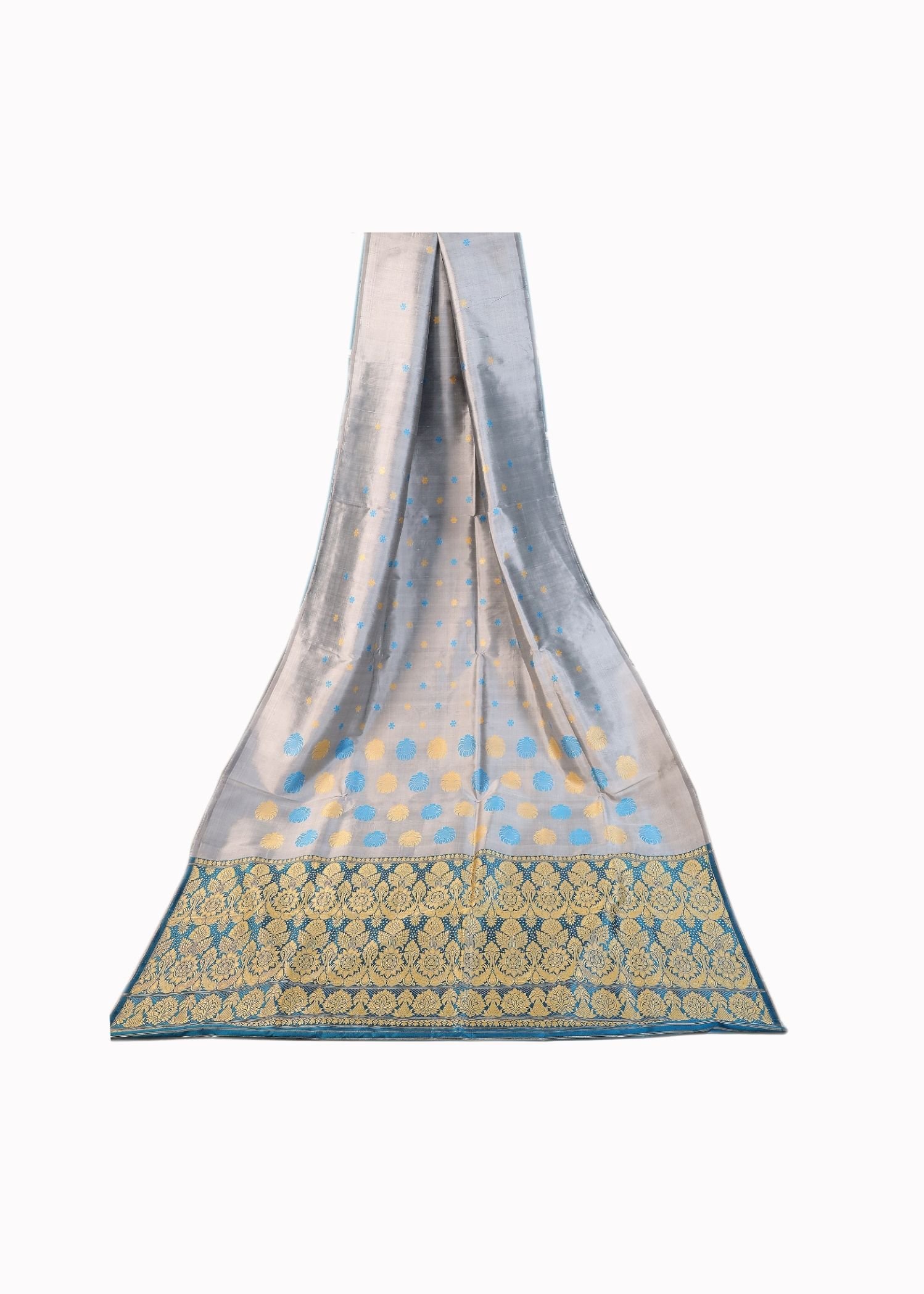 Pure Katan Silk silver Grey dual tone Colour resham saree - Image 2