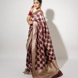 Pure Katan Silk Wine Colour Shikargah Banarasi Saree