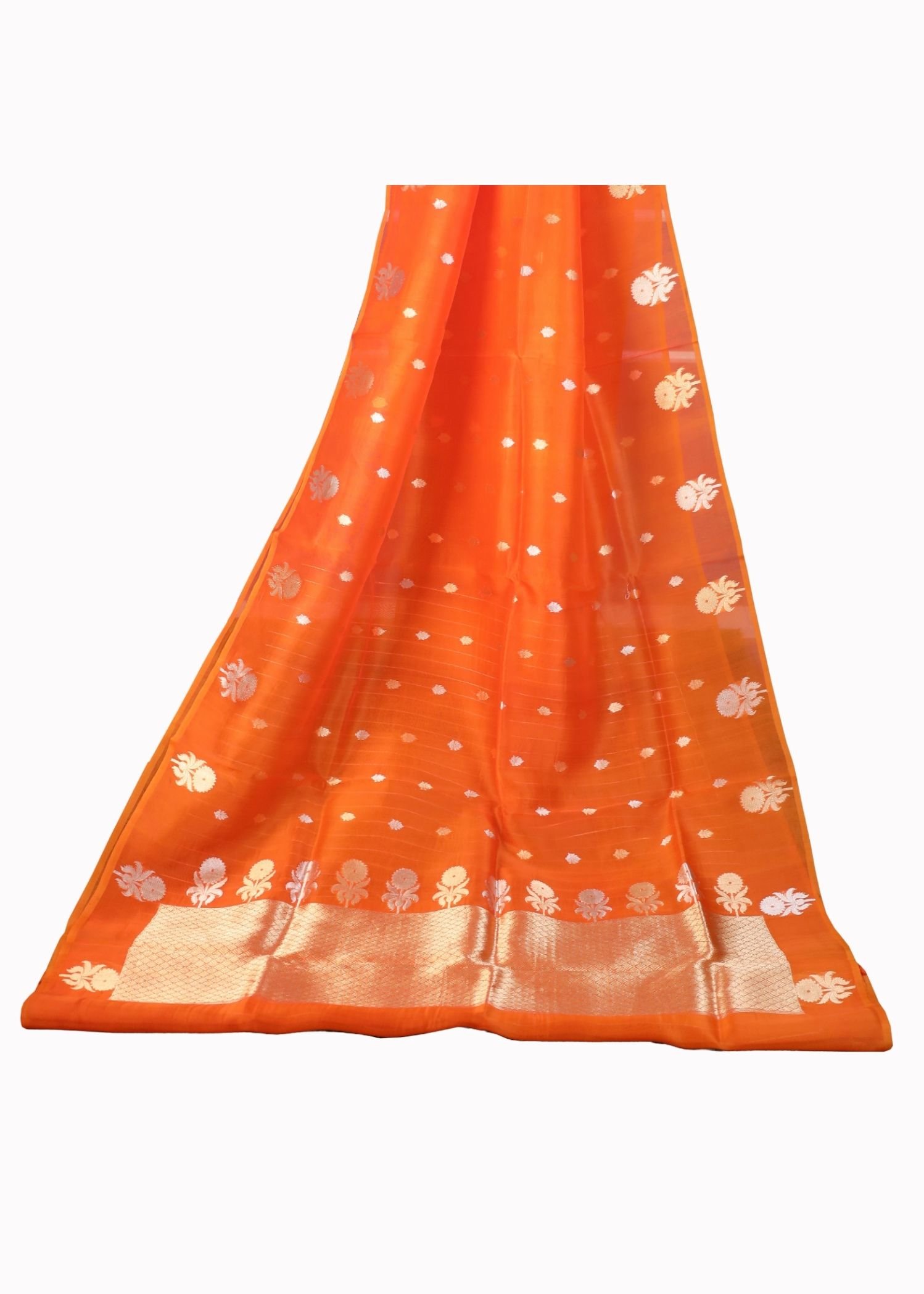 Pure Kora Silk Amber Orange kadhua bootagold zari saree - Image 2