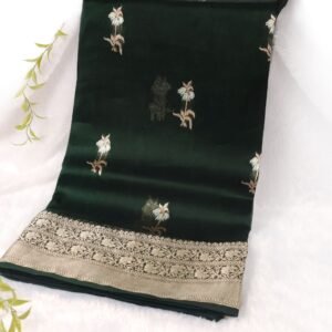 Pure Kora Silk Dark Green resham Meena gold zari saree