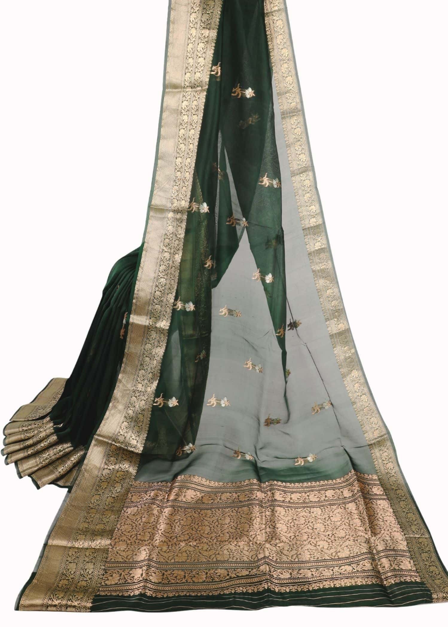 Pure Kora Silk Dark Green resham Meena gold zari saree - Image 5