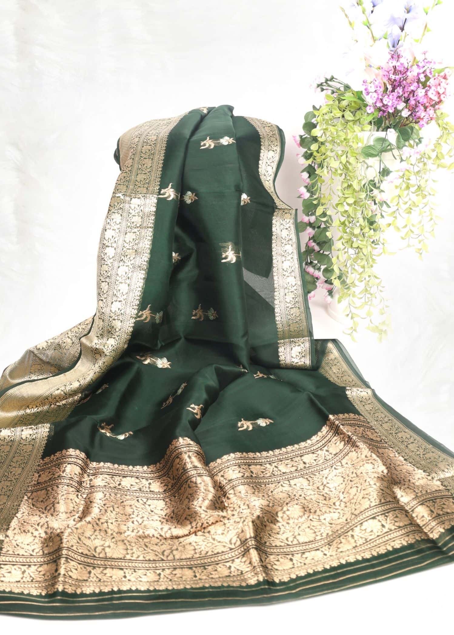 Pure Kora Silk Dark Green resham Meena gold zari saree - Image 4