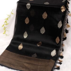 Pure Kora Silk Carbon Black Gold Zari Border Gold Silver Boota saree