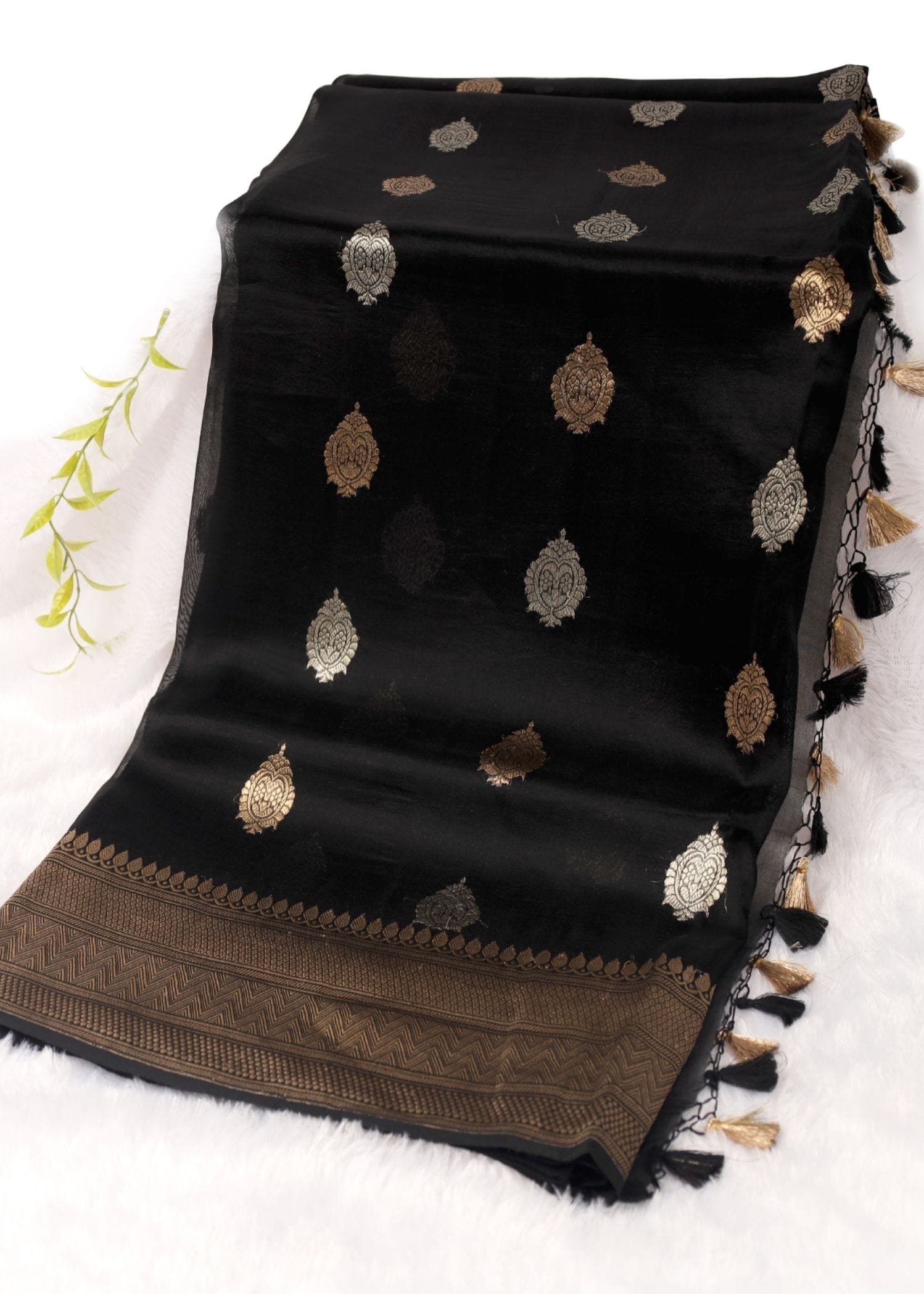 Pure Kora Silk Carbon Black Gold Zari Border Gold Silver Boota saree