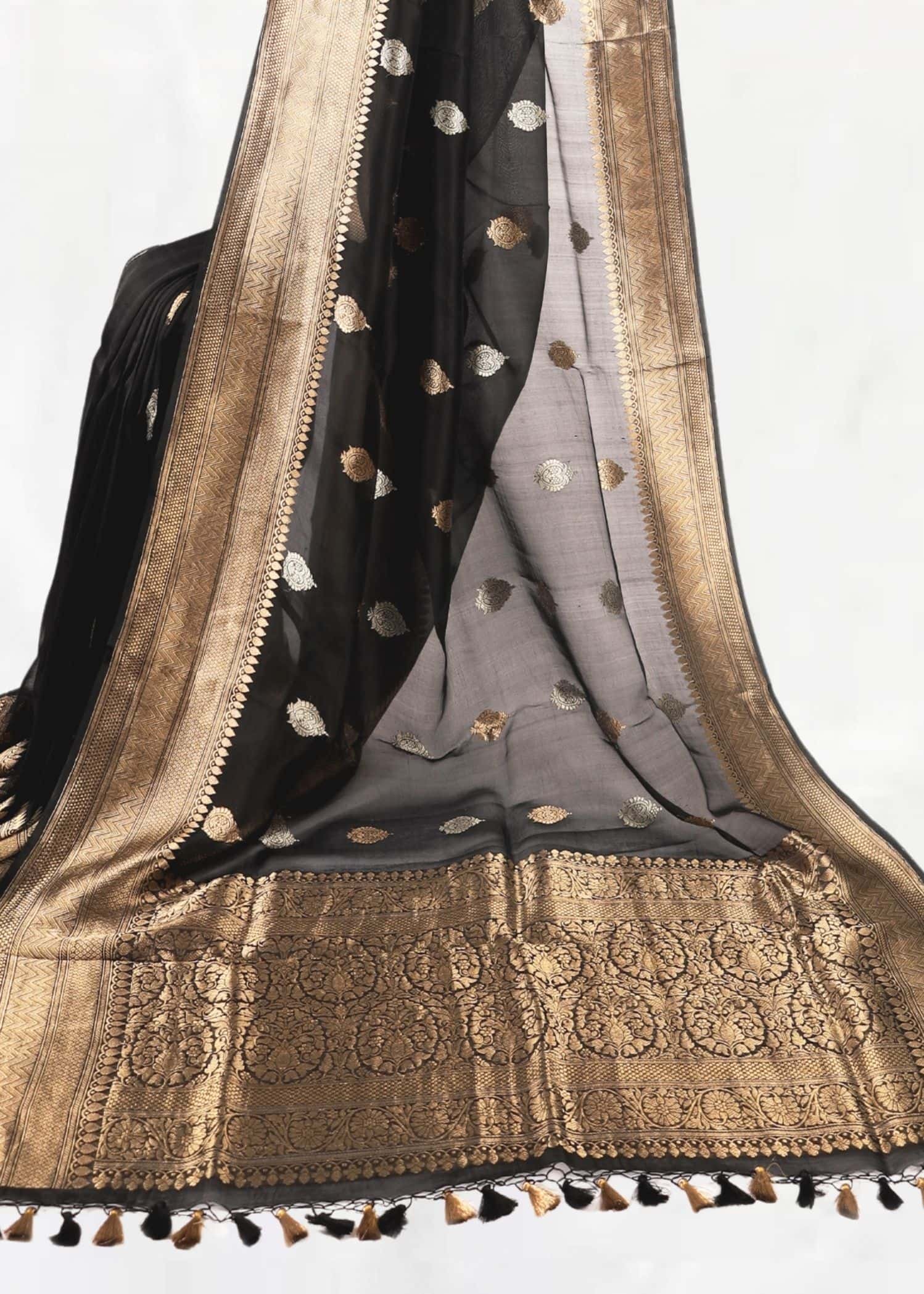 Pure Kora Silk Carbon Black Gold Zari Border Gold Silver Boota saree - Image 3