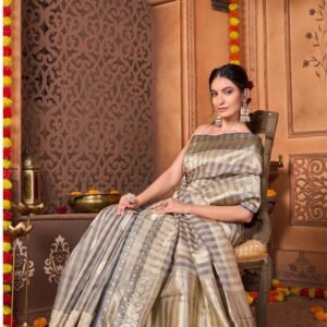 Pure Kora Contemporary Grey & Mud Brown Masterpiece Saree