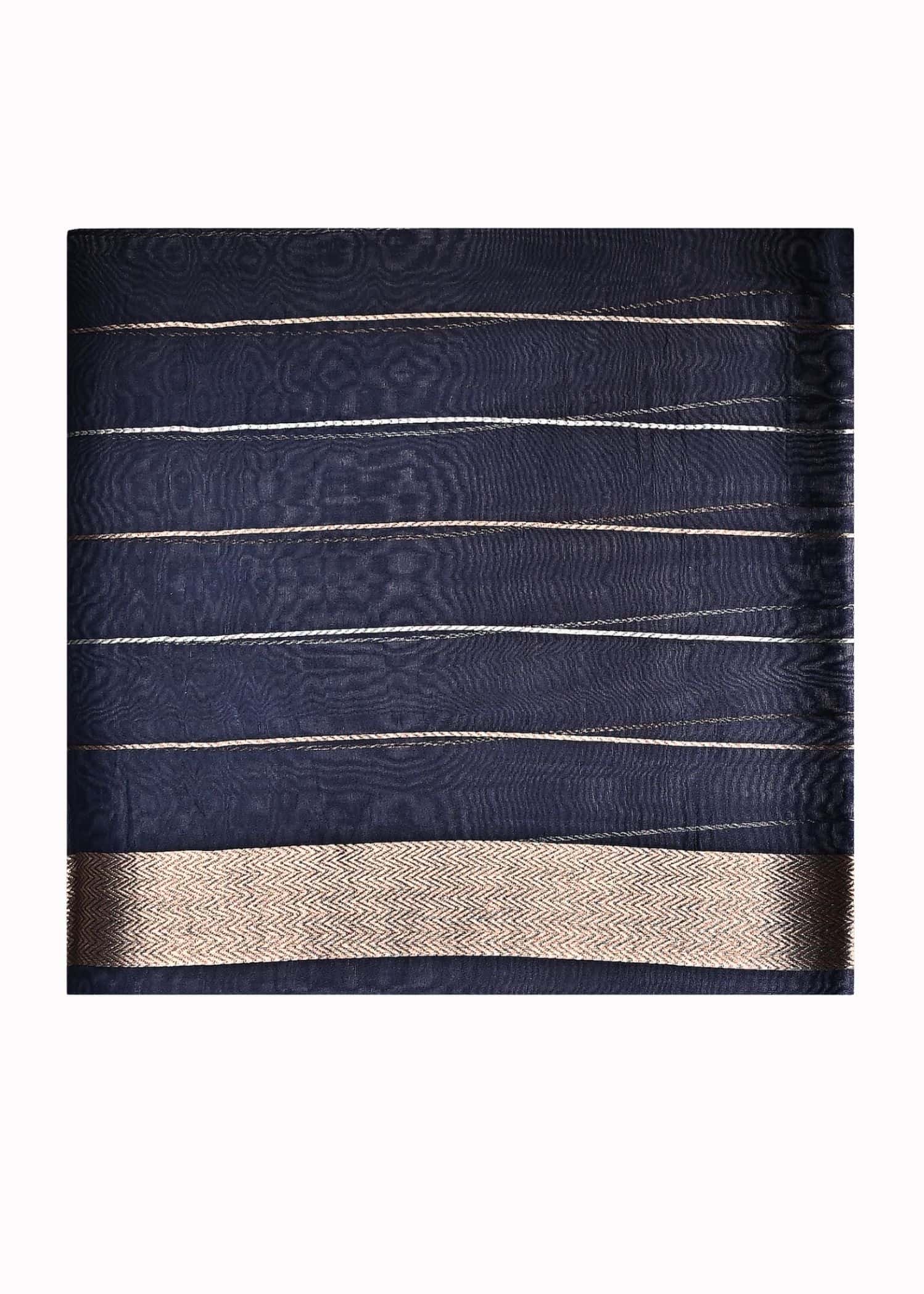 Pure Kora Silk Navy Blue Kadhuan Boota Gold And Silver Zari Saree - Image 3