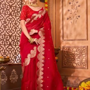 Pure Kora Silk Carmine Red Banarasi Saree