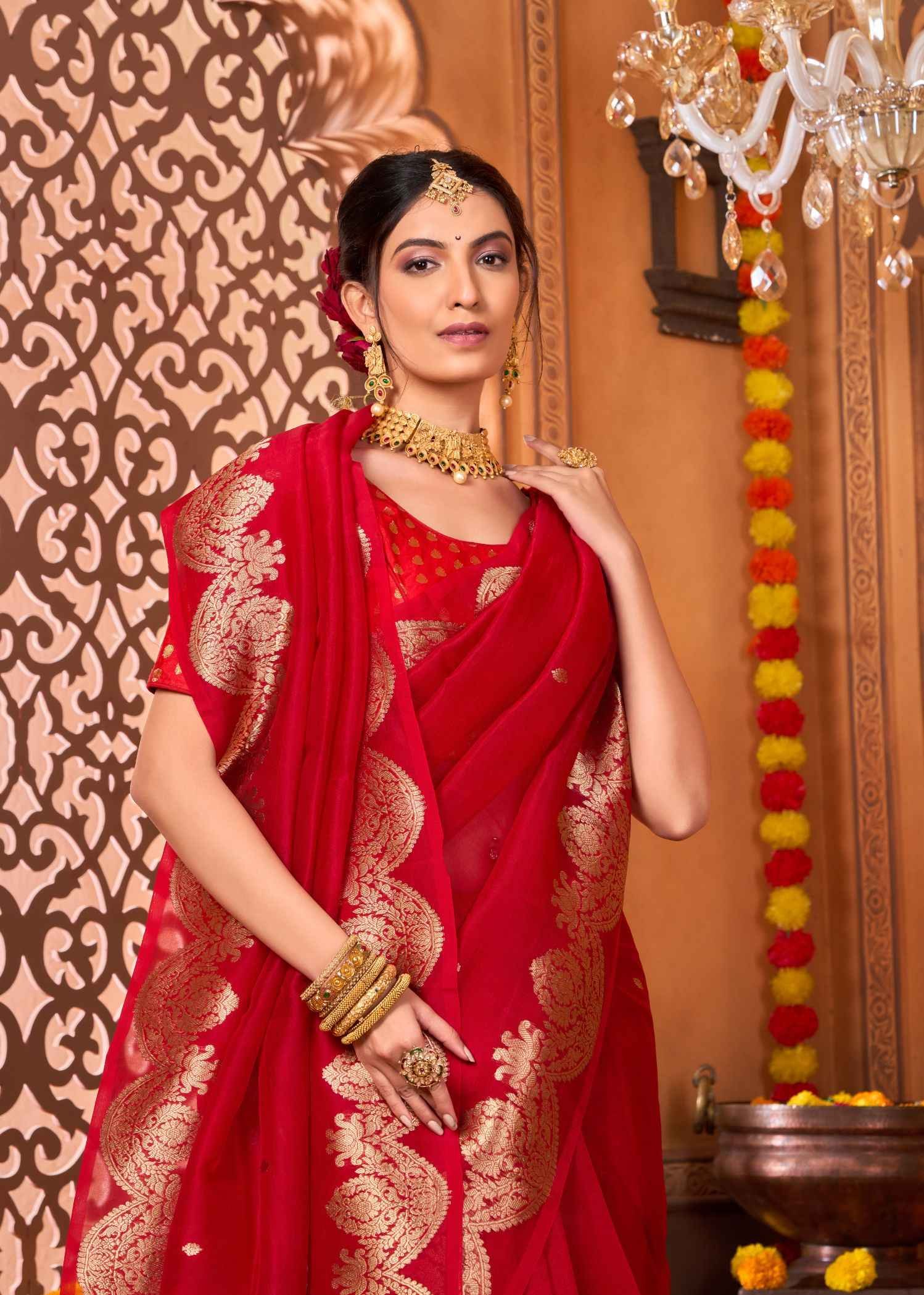 Pure Kora Silk Carmine Red Banarasi Saree - Image 3