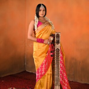 Yellow & Hot Pink Pure Katan Silk Tanchoi Weave Banarasi Saree. Category- Katan Silk