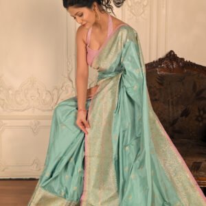 Pure Katan Silk Powder Blue Banarasi Saree , Category- Katan Silk