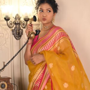 Pure Kora Masterpiece in Yellow & Hot Pink. Category- Kora Silk