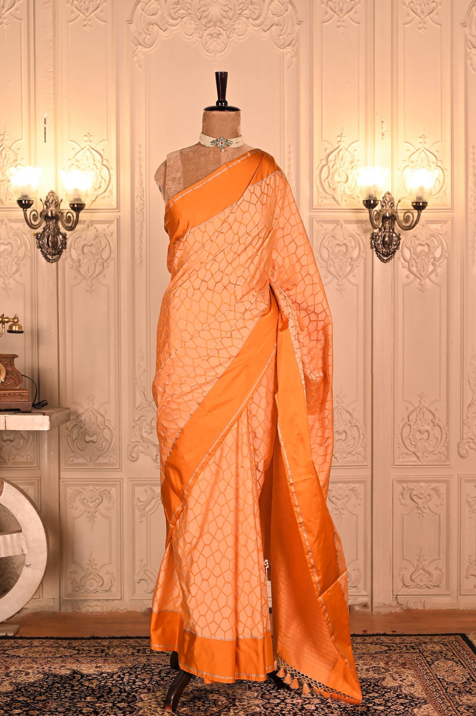 Pure Katan Silk Cream & Mustard Yellow Tanchoi Weave banarasi Saree