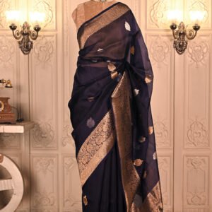 Pure Kora Silk Navy Blue Banarasi saree Category- Kora Silk