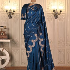 Pure Mulberry Silk Garnet Blue Kadhua Weave Banarasi Saree. Category- Mulberry Silk