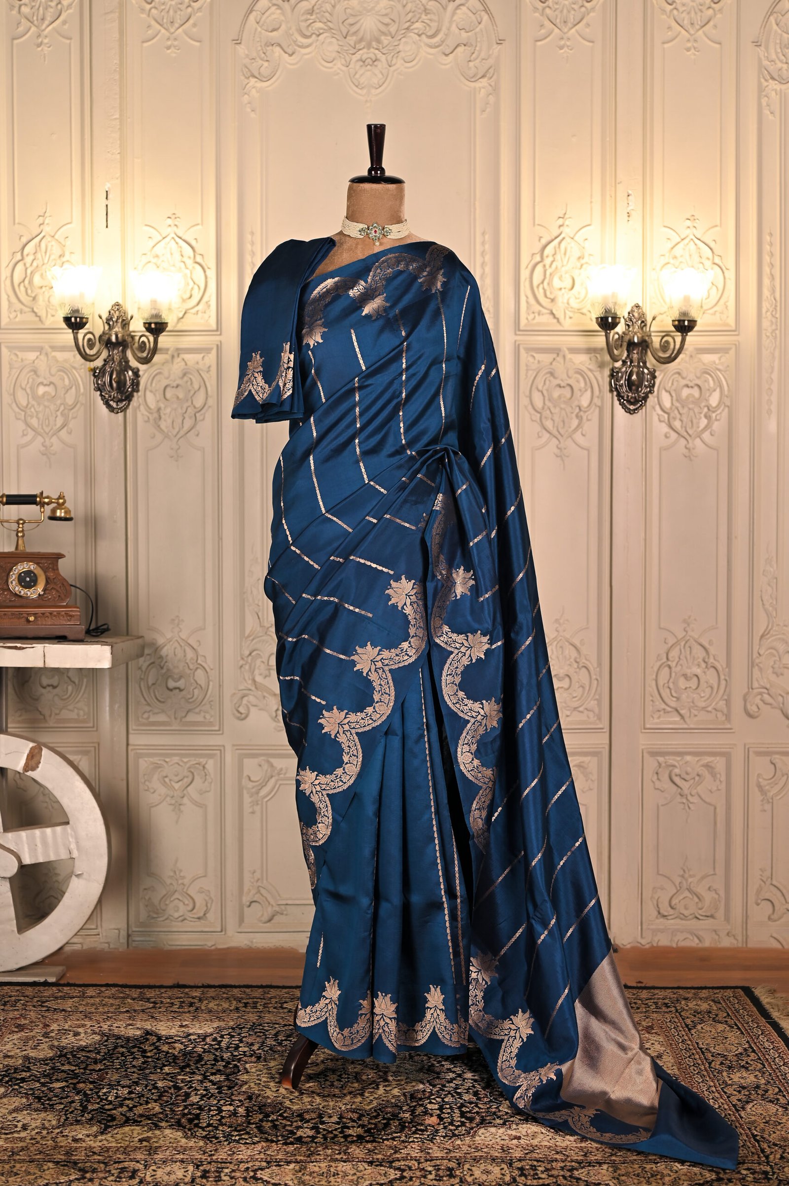 Pure Mulberry Silk Garnet Blue Kadhua Weave Banarasi Saree. Category- Mulberry Silk