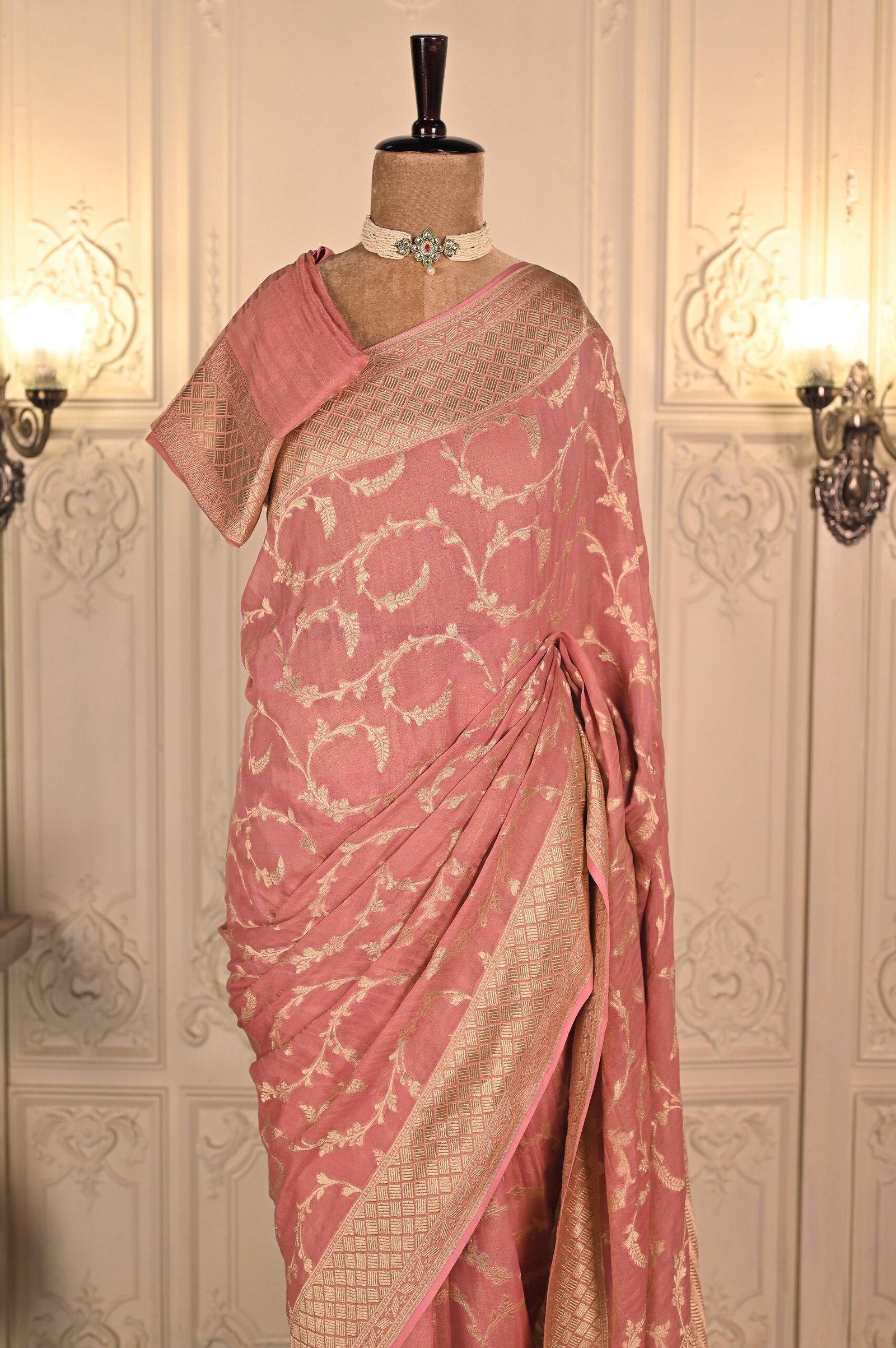 Pure Khaddi Georgette British Rose Colour, Water Zari, Jaal Saree. Category- Khaddi Georgette - Image 3