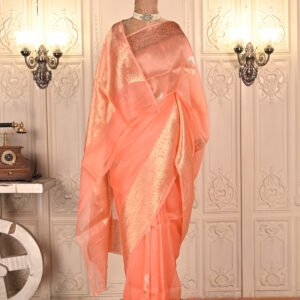 Pure Kora Silk Peach Kadhua Buta Border Saree. Category- Kora silk