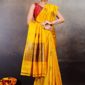 Pure Geecha Silk Haldi Yellow Saree with Red Meena & Antique Zari Kadhua Buta