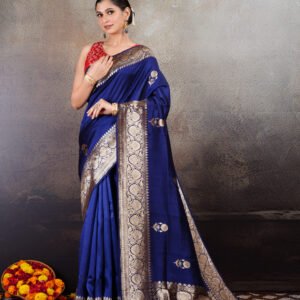 Pure Pure  Silk Navy Blue Banarasi Saree with Gold Zari Kadhua Work