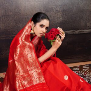 Pure Mulberry Silk Red Saree, Chand tara buta, Gold Zari Kadhua
