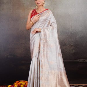 Pure Geecha Silk Off-White Saree with Rose Gold Zari Kadhua Work