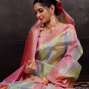 Pure Kora Rangkat Banarasi Saree in Light Pink with Gold Zari Kadhua Work