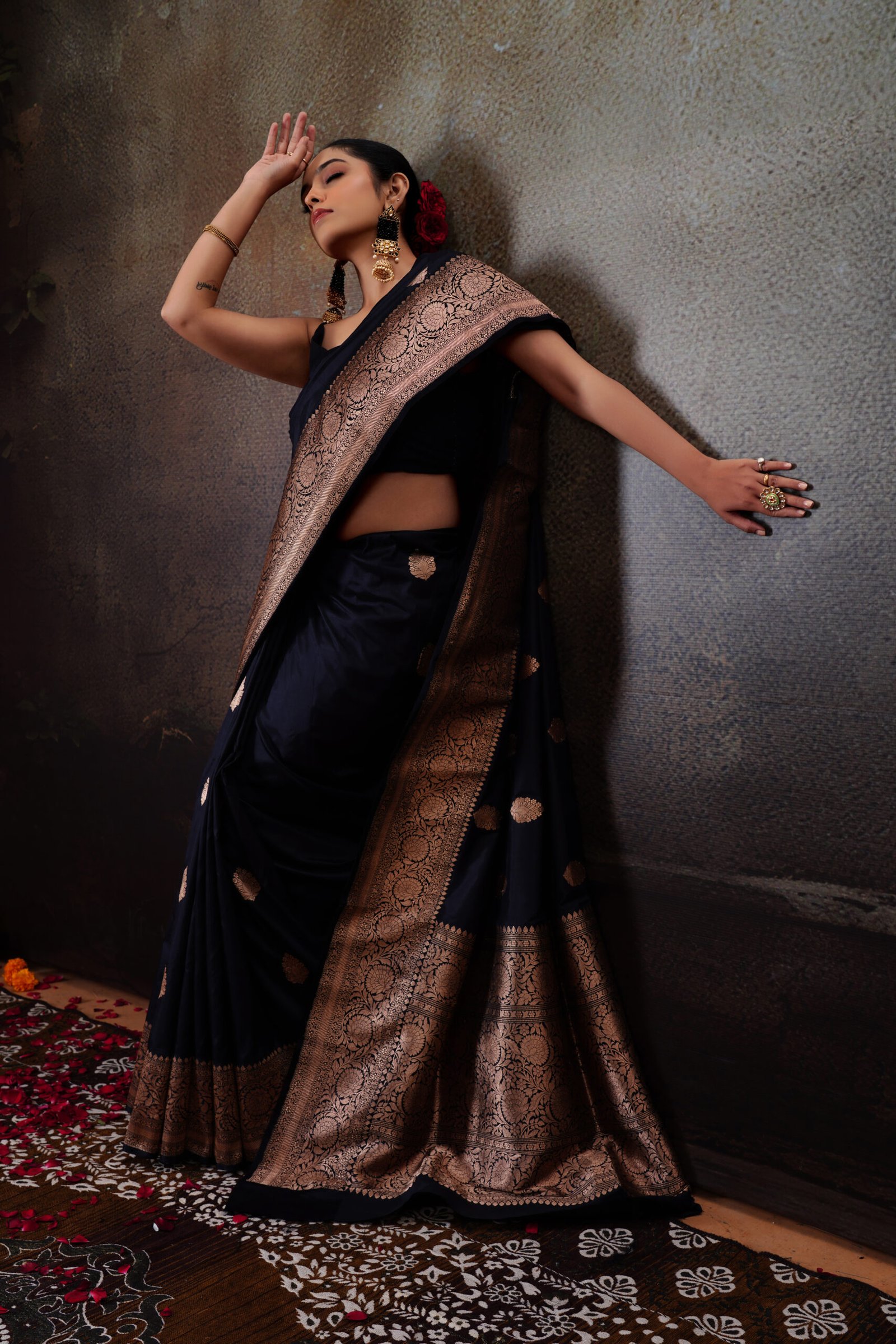 Pure Handloom Upada Silk Black Banarasi Saree with Copper Zari - Image 2